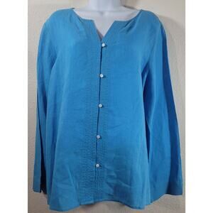 Liz Claiborne Lizwear Blue Button Up Collarless Top XL Lightweight Long Sleeves